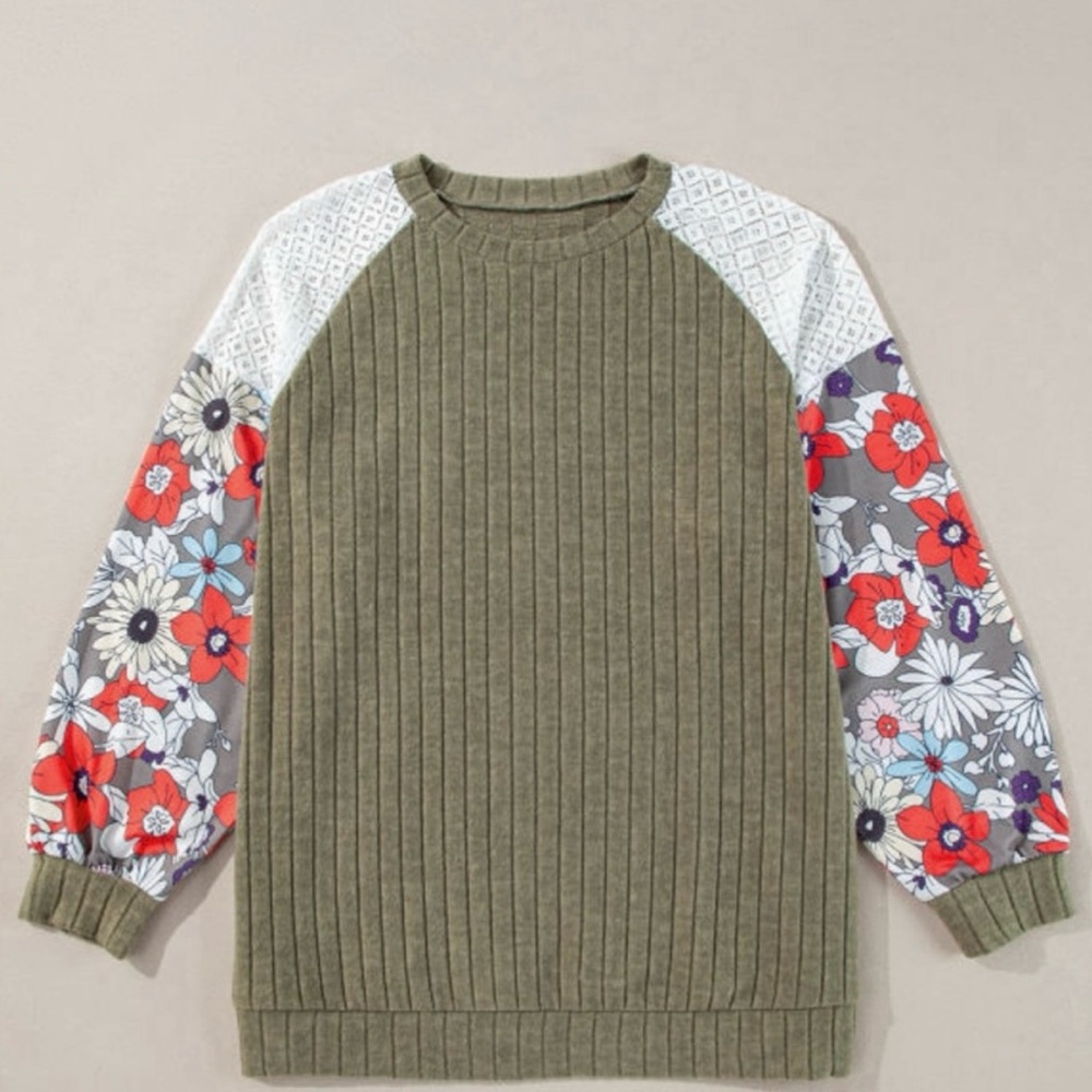 Floral Patchwork Crewneck Olive Pullover Top